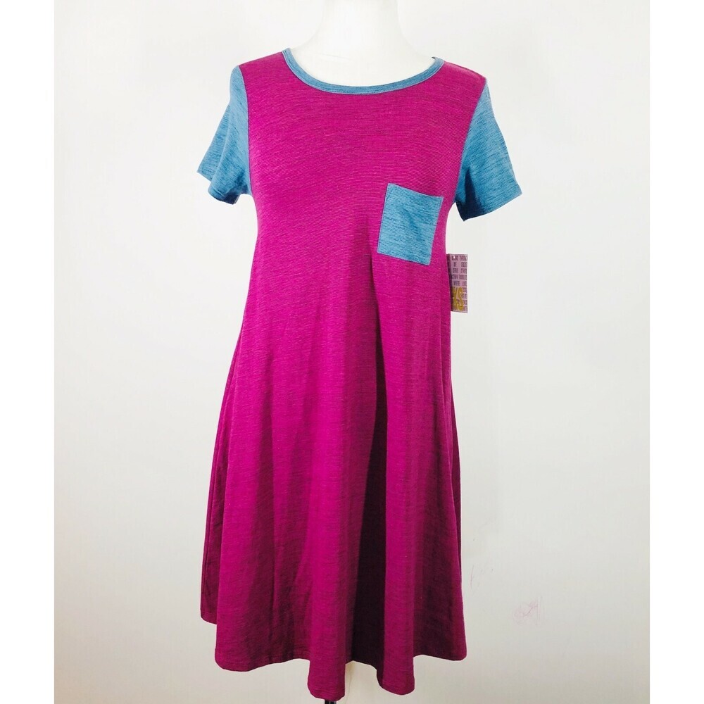 LuLaRoe Carley Heathered Red & Navy Baseball Pocket Tunic Dress NWT Sz. XXS